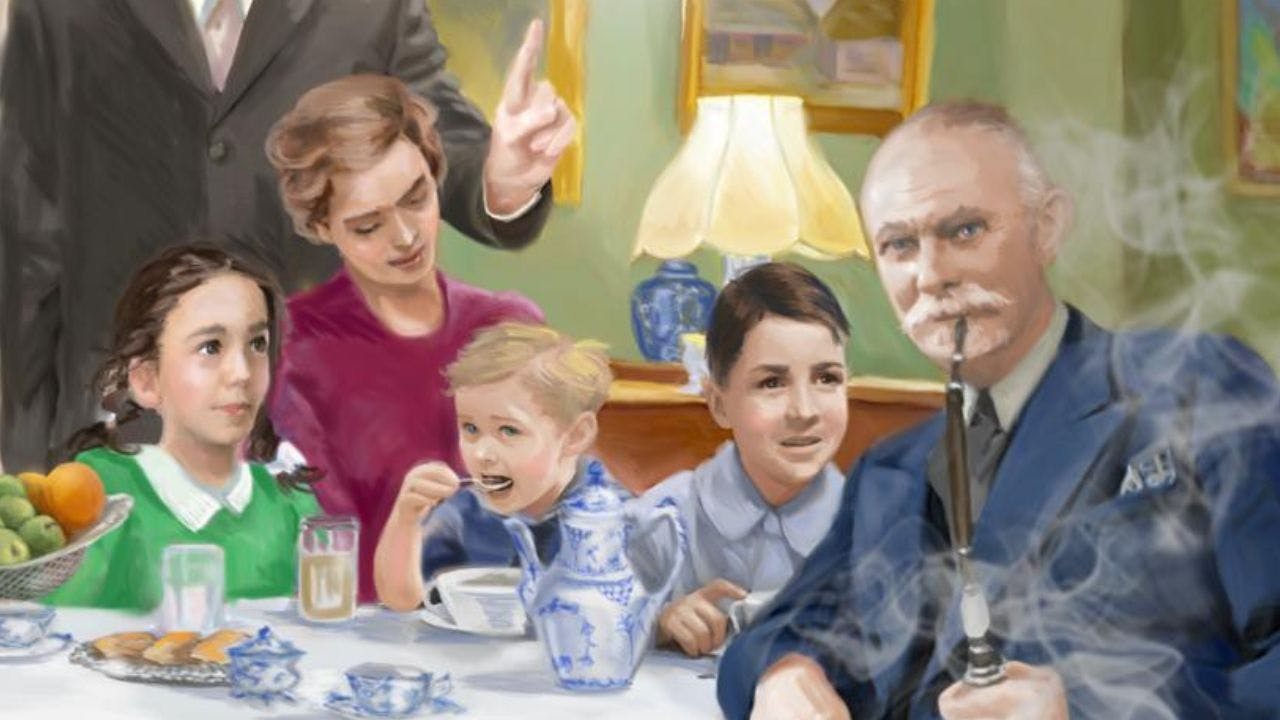 Illustration af Jane Aamund og hendes familie til jul