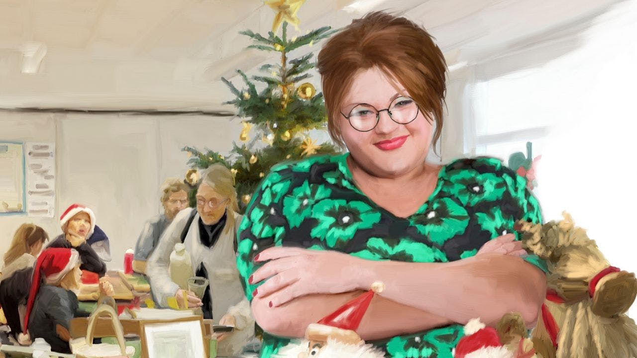 Illustration af kvinde ved julepynt