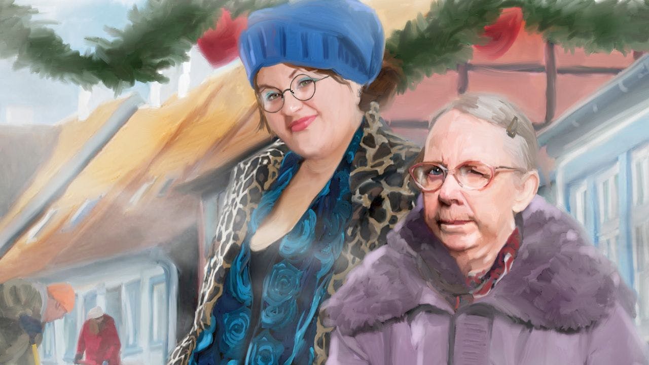 Illustration af Molly Dinesen og ældre dame i julen