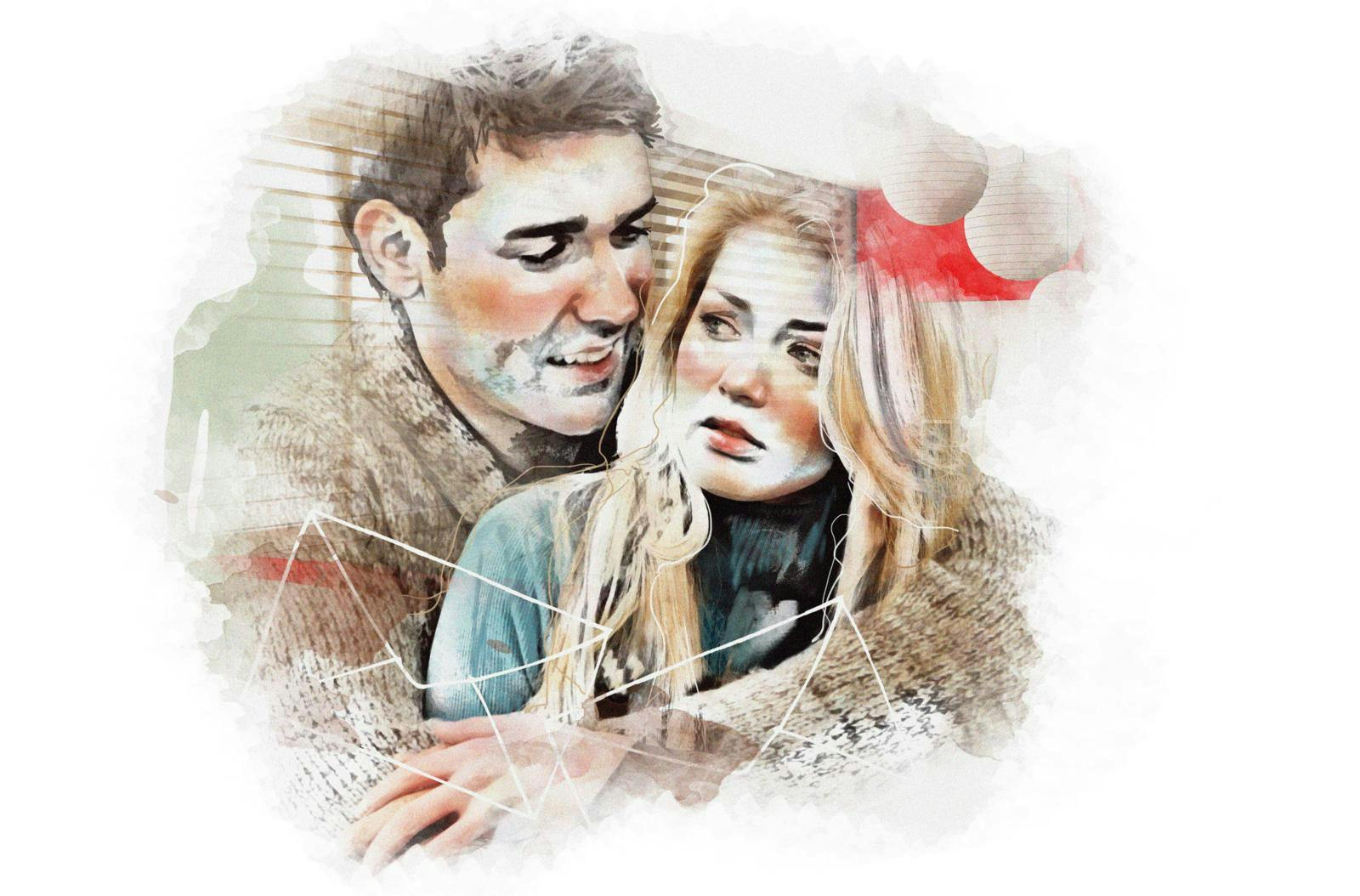 Tegning af mand og kvinde i omfavnelse