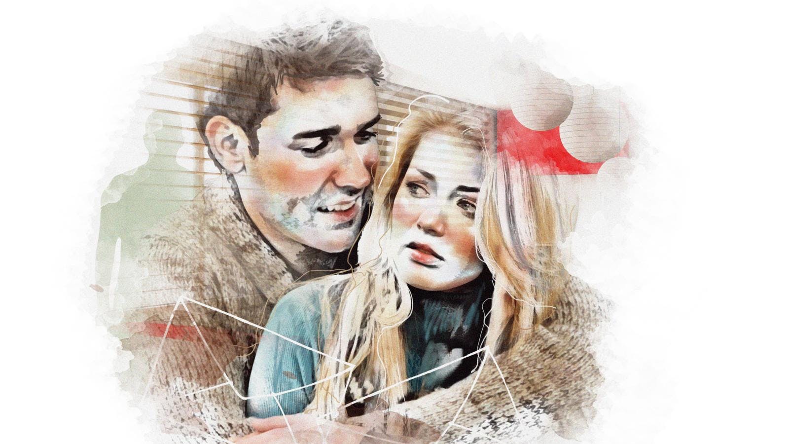 Tegning af mand og kvinde i omfavnelse