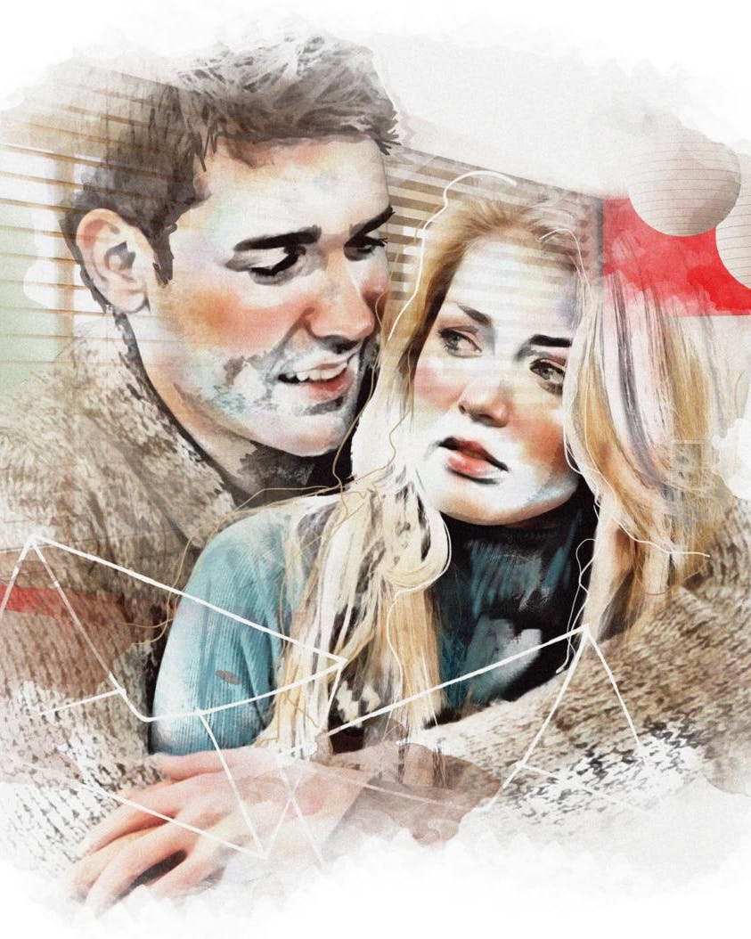 Tegning af mand og kvinde i omfavnelse