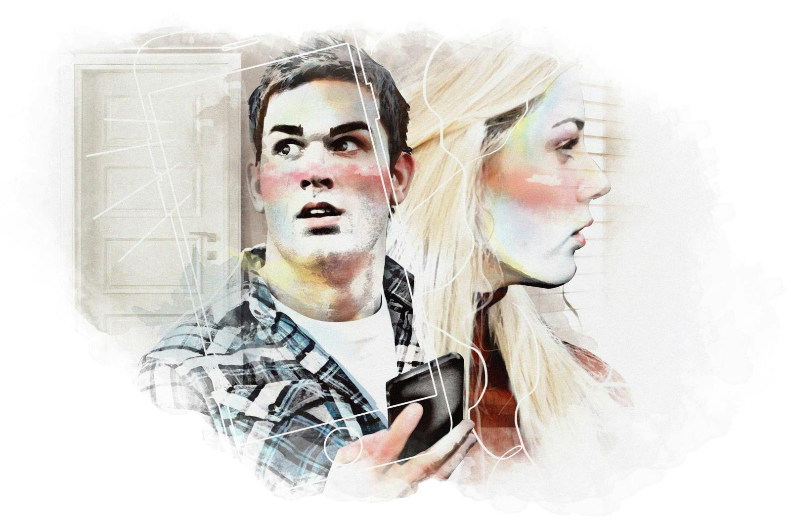 Tegning af mand med telefon og kvinde i profil