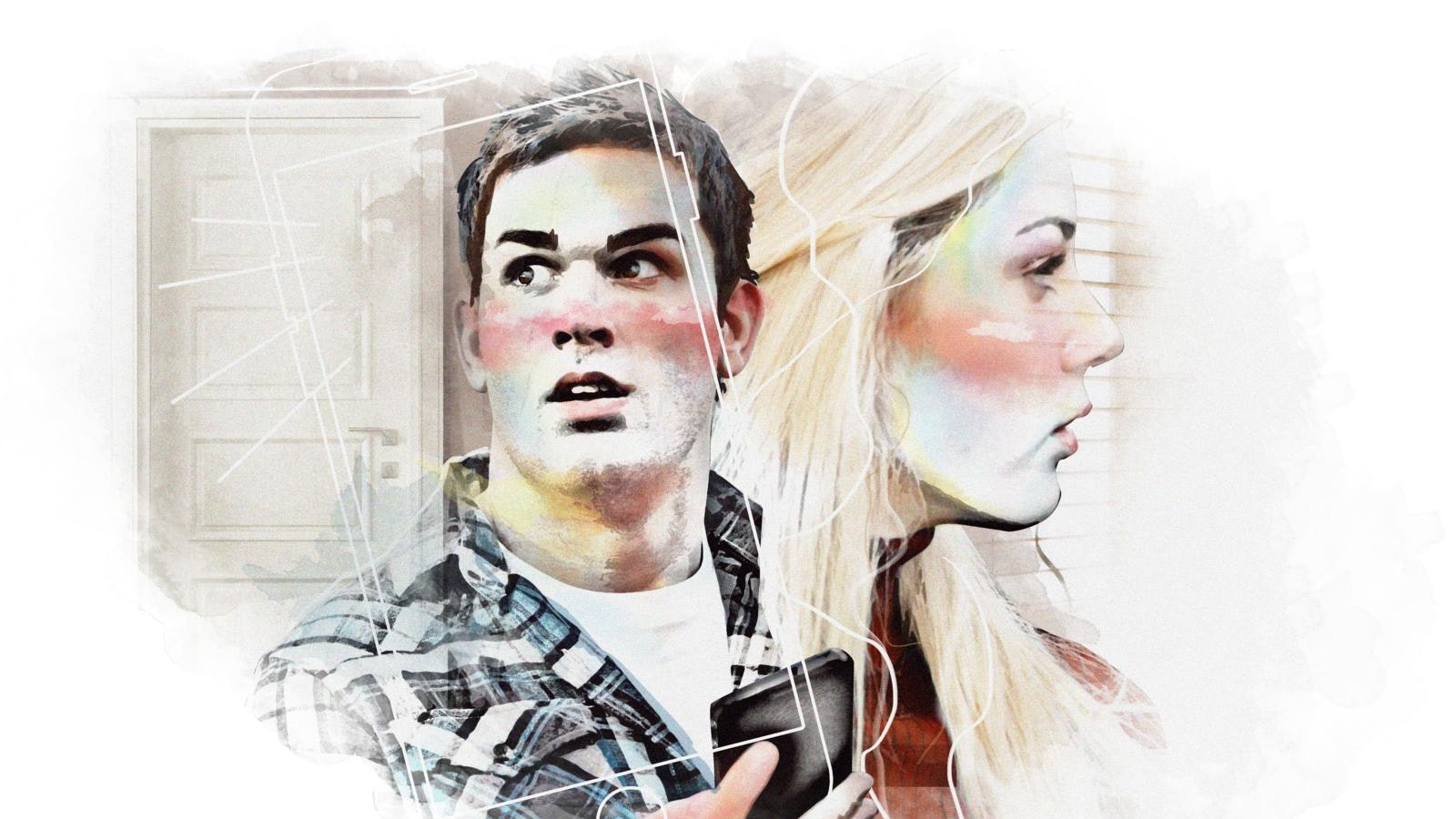 Tegning af mand med telefon og kvinde i profil