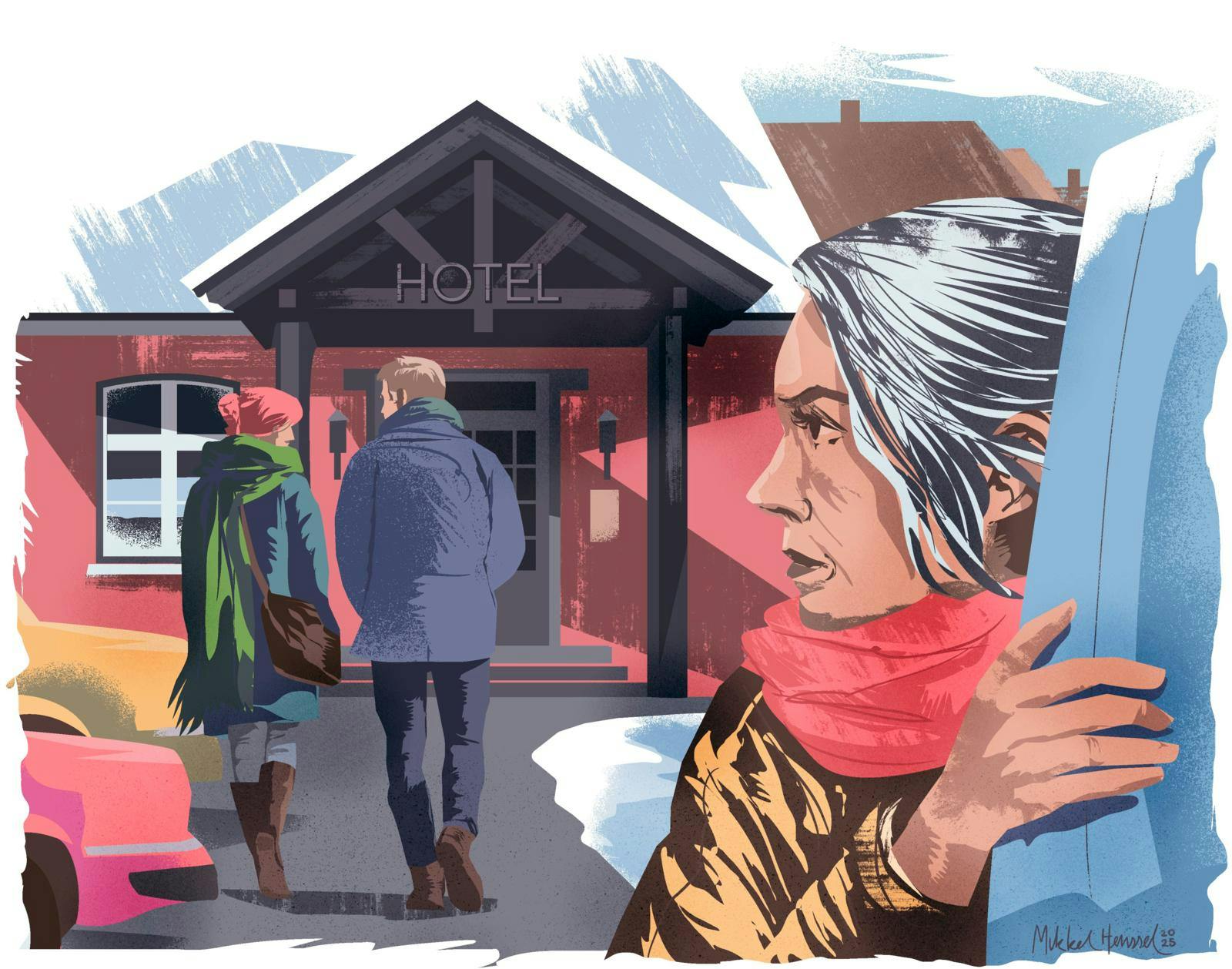 Kvinde kigger efter en mand og kvinde, der går ind på et hotel