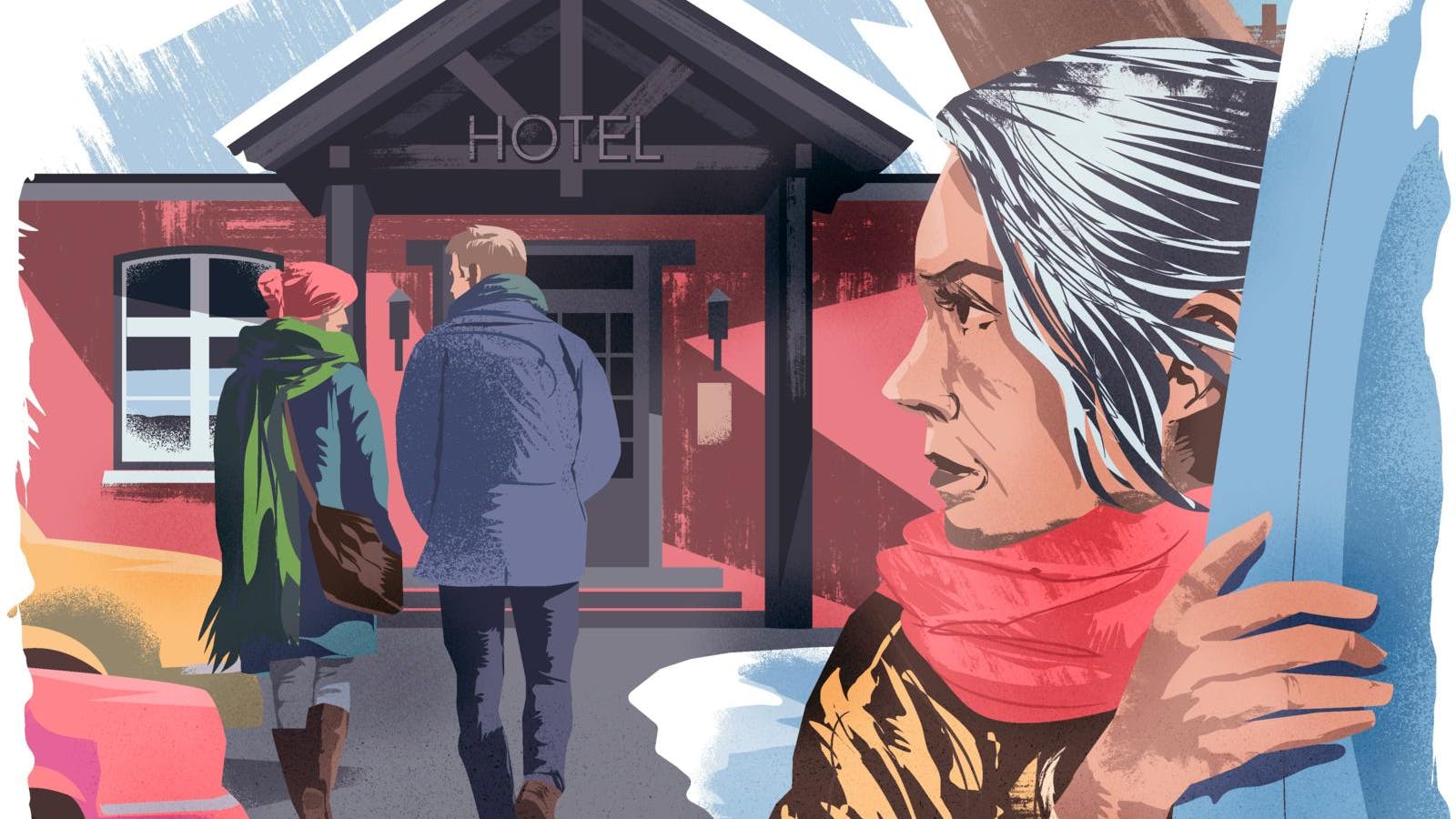 Kvinde kigger efter en mand og kvinde, der går ind på et hotel