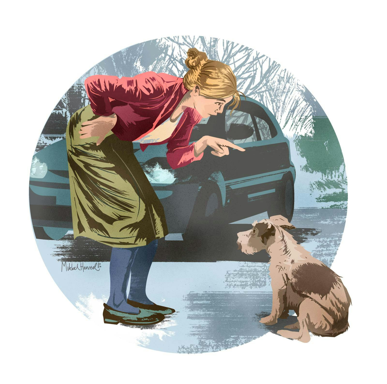 Tegning af kvinde ved bil, der skælder ud på en hund