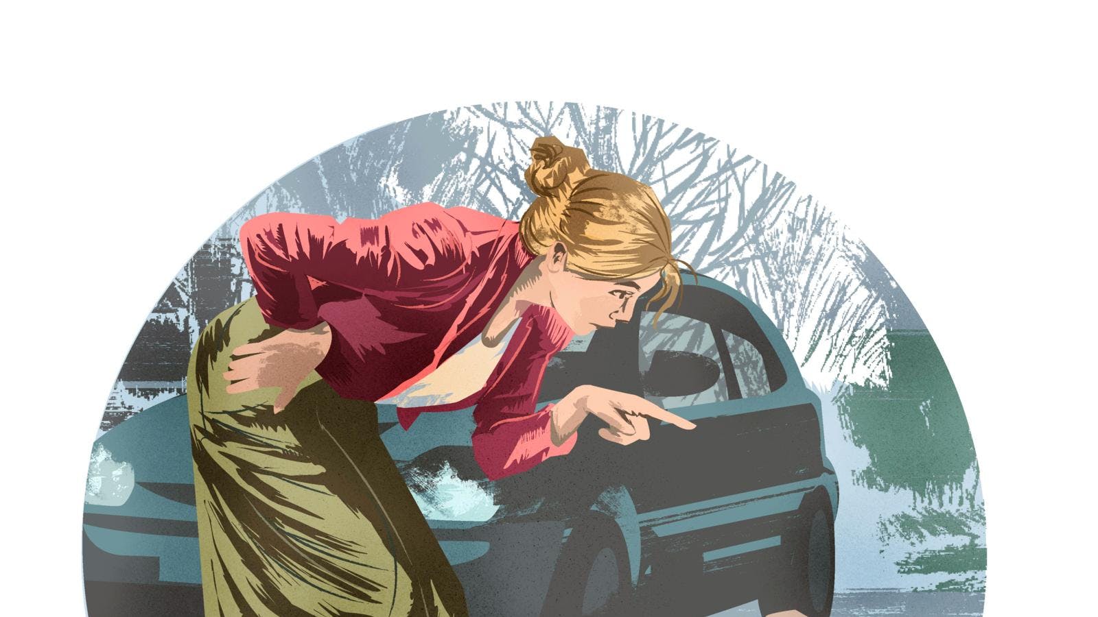 Tegning af kvinde ved bil, der skælder ud på en hund