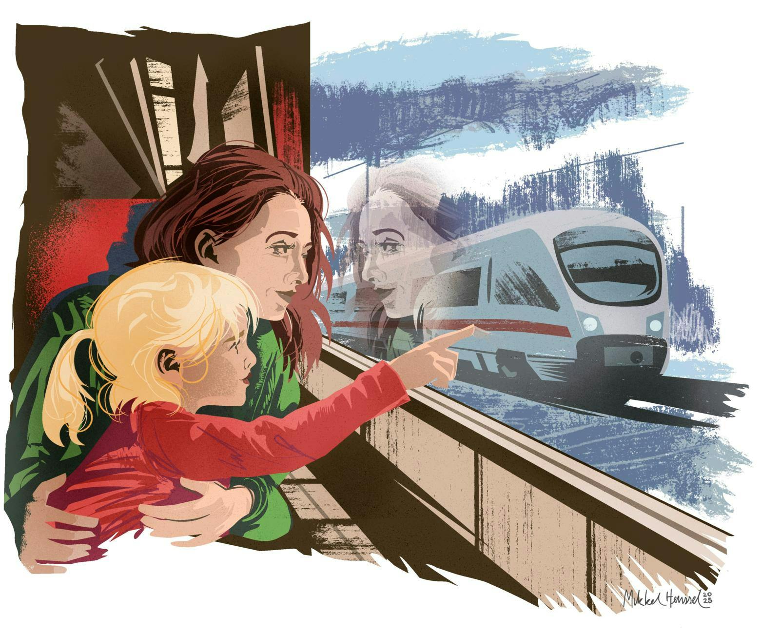 Tegning af en kvinde og en pige, der sidder i et tog og kigger på et lyntog