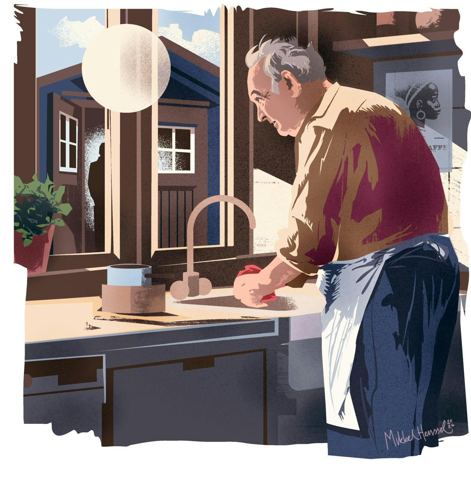 Tegning af ældre mand, der står i et køkken og kigger ud i haven, hvor en skikkelse står i skuret