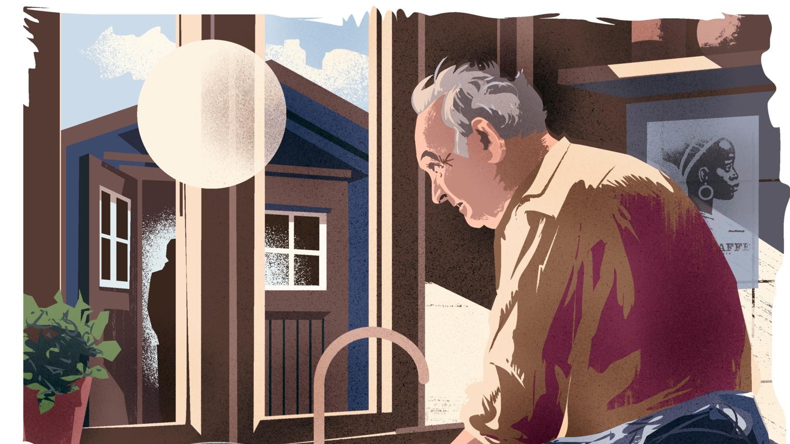 Tegning af ældre mand, der står i et køkken og kigger ud i haven, hvor en skikkelse står i skuret