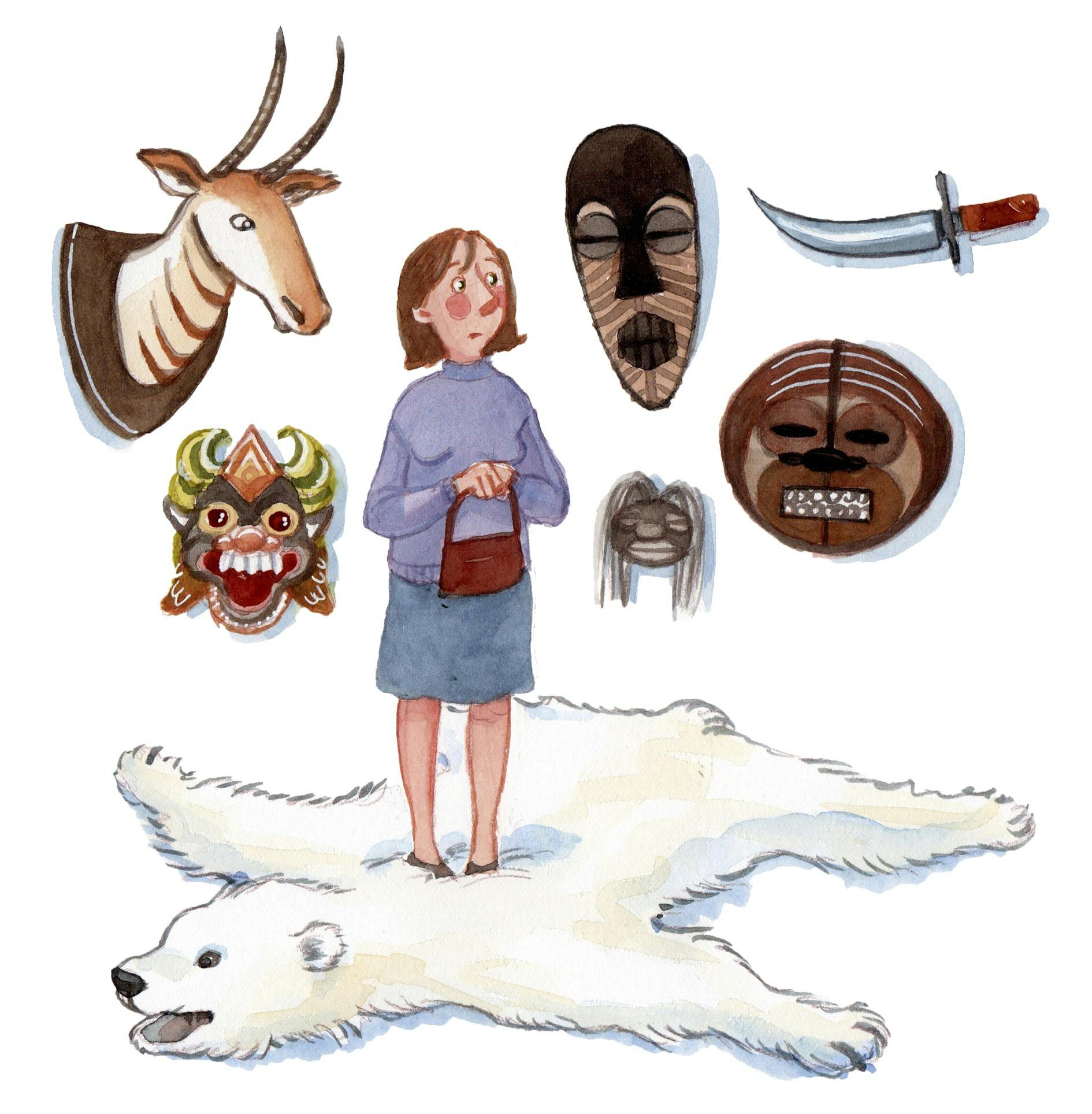 Hans masker og knive og udstoppede dyr på væggen er uhyggelige.