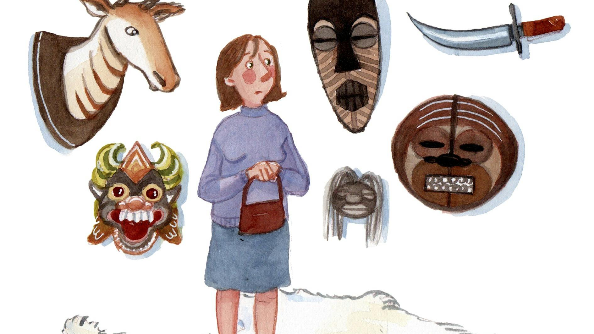 Hans masker og knive og udstoppede dyr på væggen er uhyggelige.