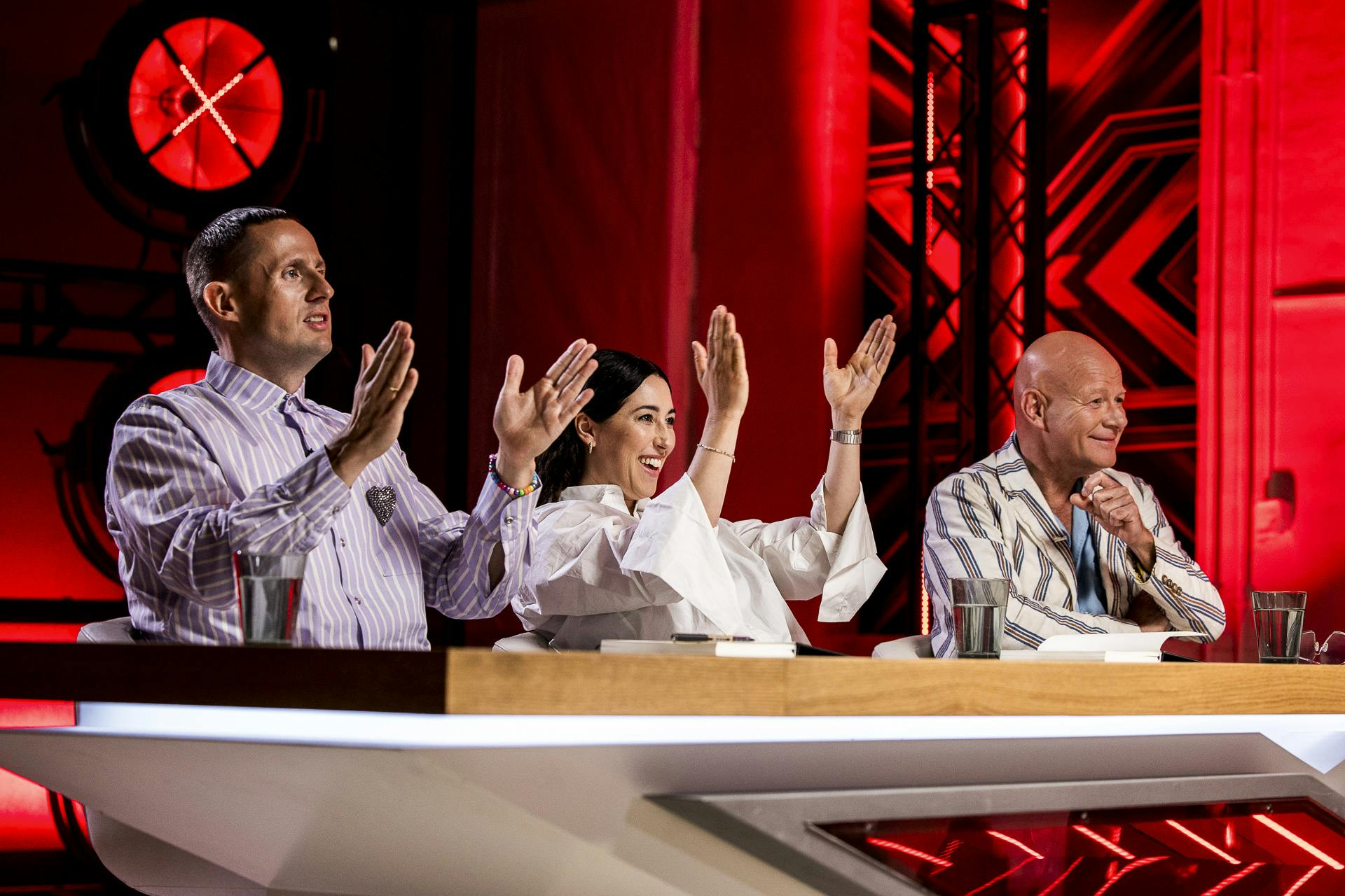 Dommerpanelet i "X Factor" på TV 2 anno 2026: Benjamin Hav, Drew Sycamore og Thomas Blachman
