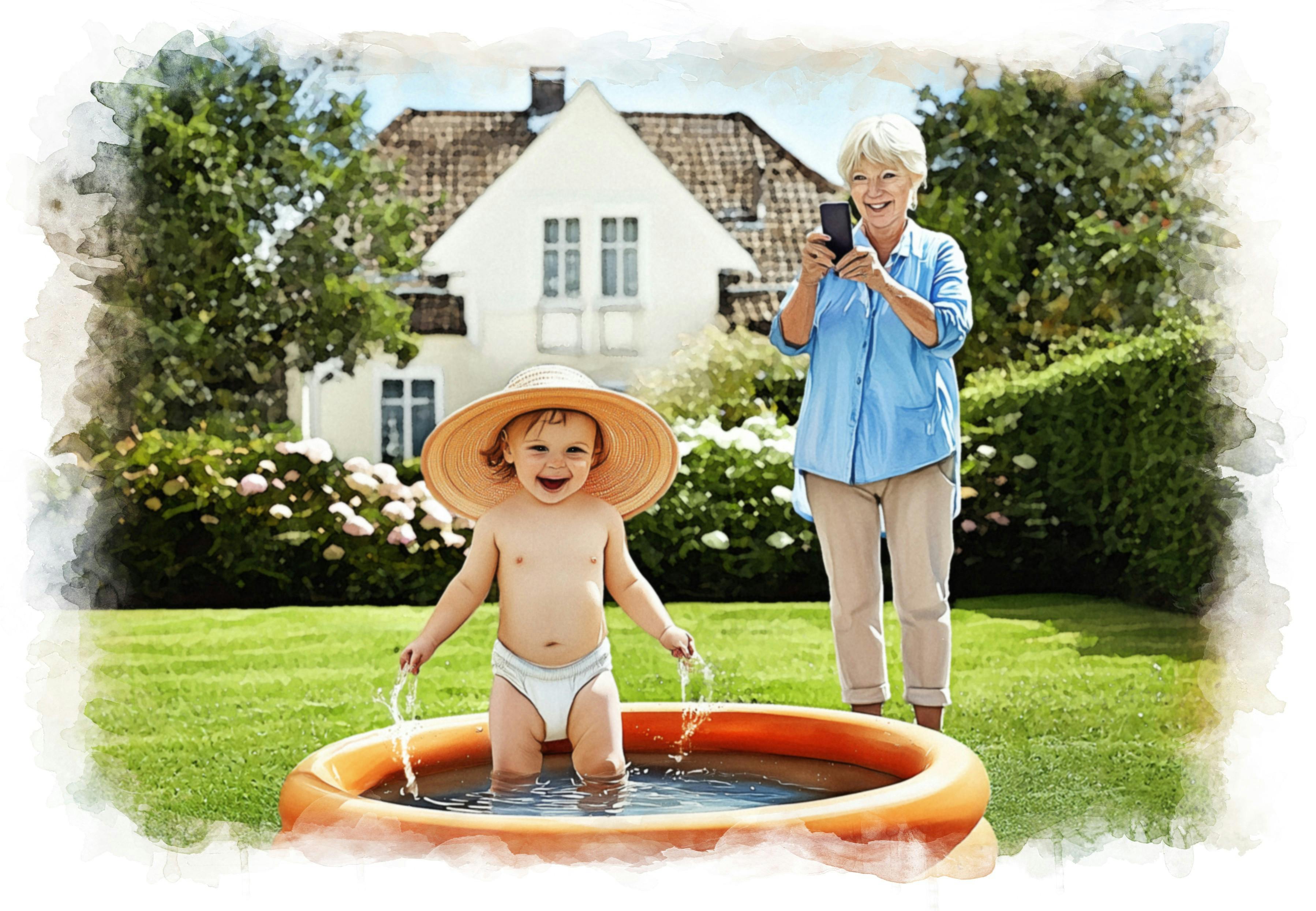 Mormor fotografrer barnebarn 