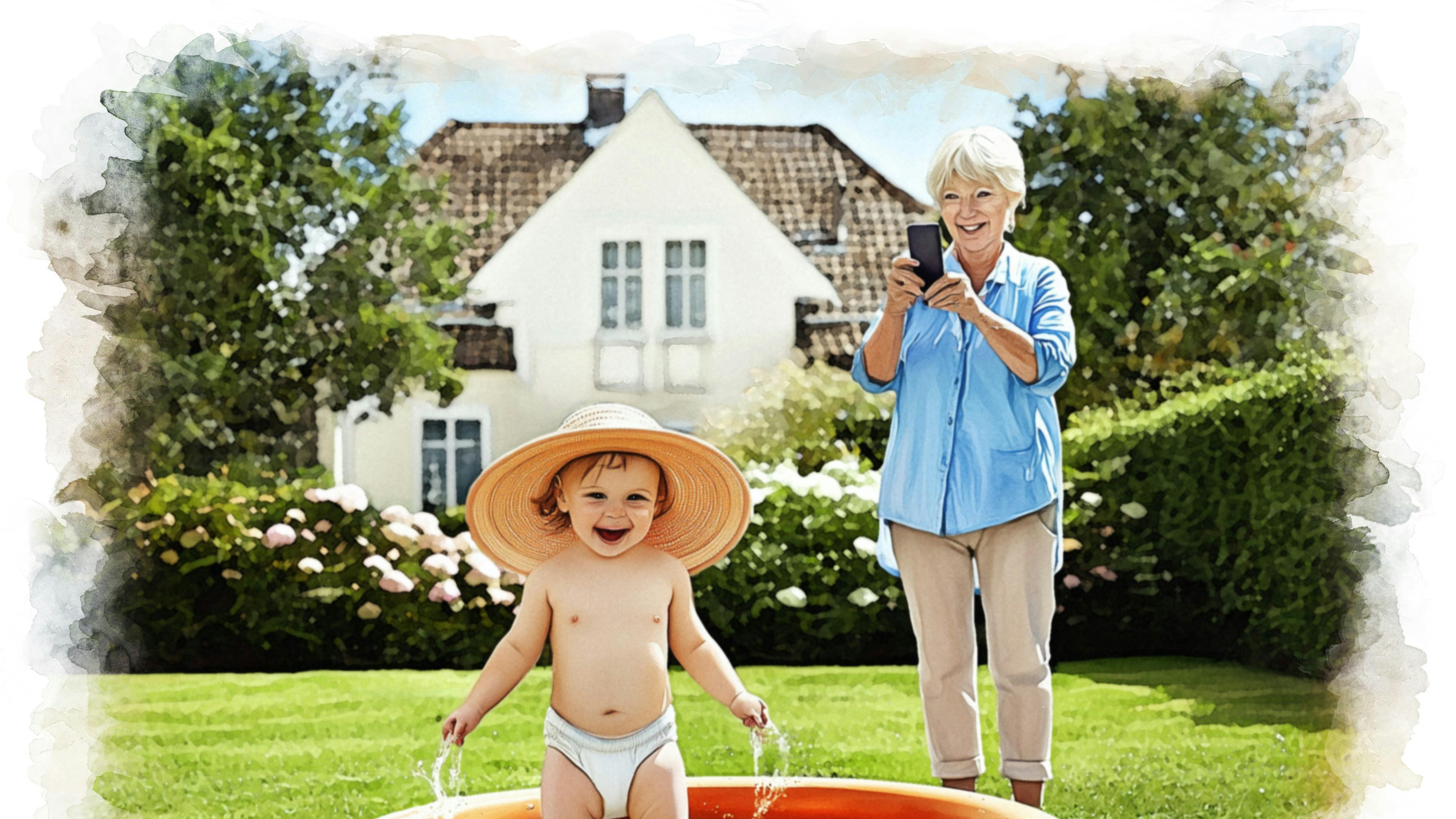 Mormor fotografrer barnebarn