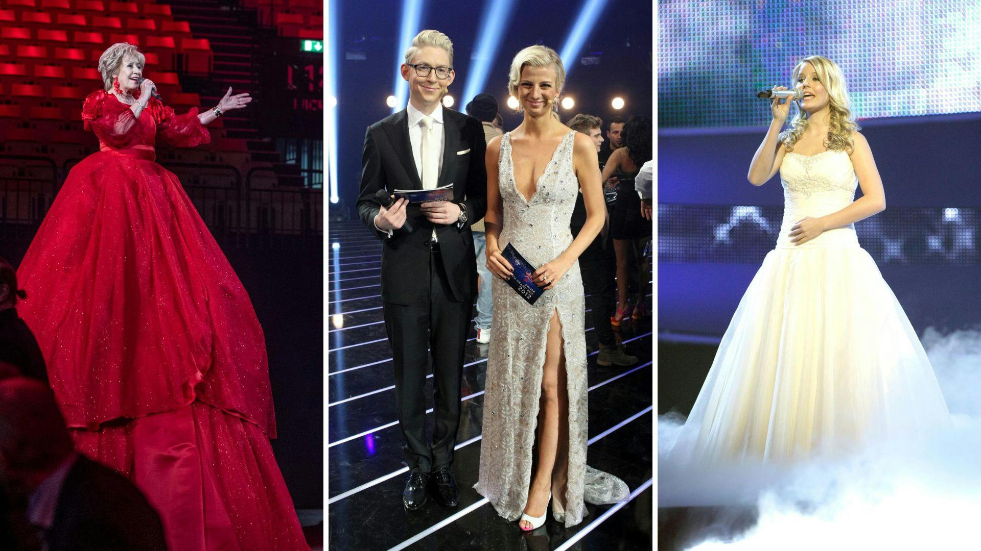 Tre flotte og festlige kjoler fra det danske Melodi Grand Prix igennem årene.