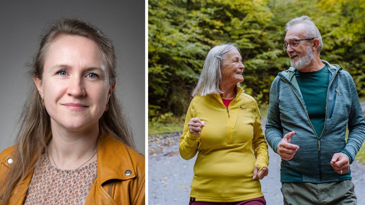 Psykolog og lektor Heidi Frølund Pedersen og ældre, der dyrker motion i naturen