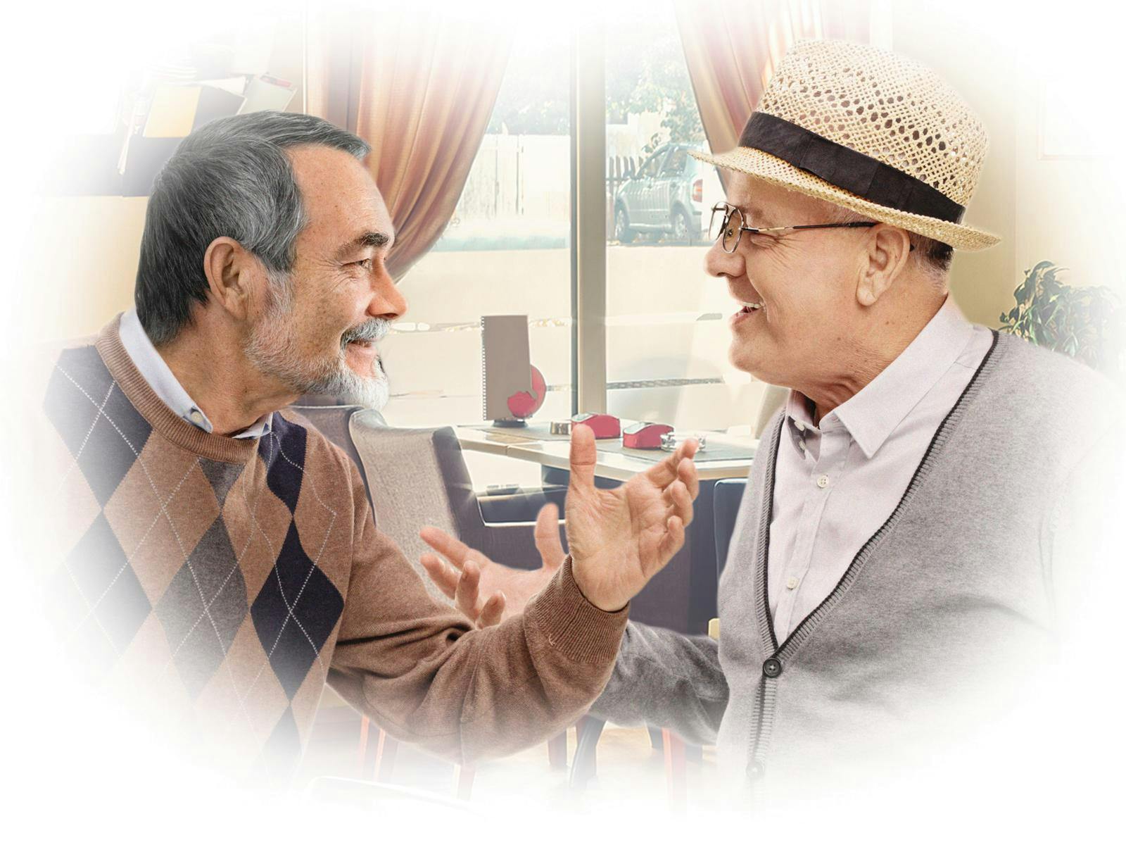 To ældre mænd står over for hinanden indendørs og taler livligt sammen. Den ene har gråt hår og skæg og bærer en brun trøje med argyle-mønster, mens den anden har briller og stråhat samt en lys cardigan. De smiler og gestikulerer med hænderne 