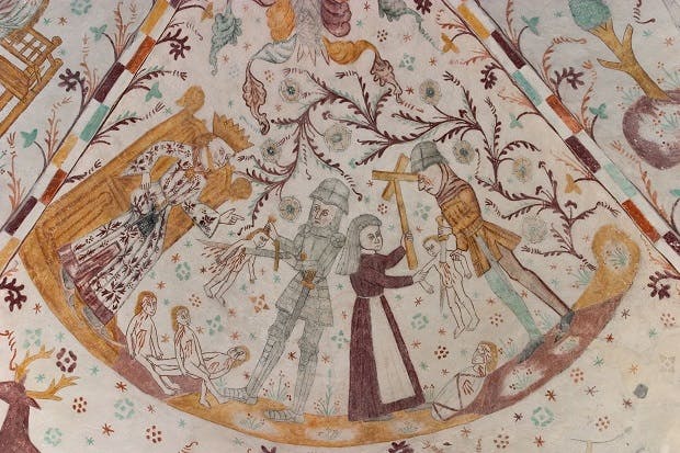 De berømte og velbevarede kalkmalerier i Elmelunde Kirke på Møn stammer helt tilbage fra middelalderen. 