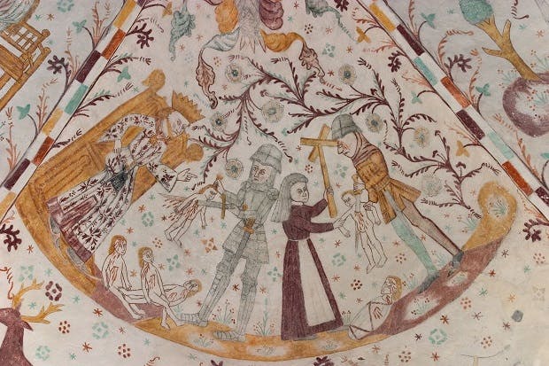 De berømte og velbevarede kalkmalerier i Elmelunde Kirke på Møn stammer helt tilbage fra middelalderen.