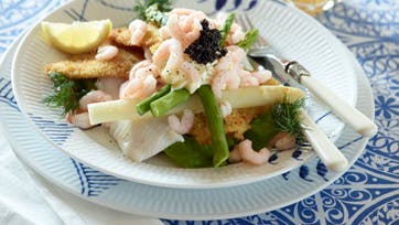 Stjerneskud med rødspættefilet, rejer og hvide asparges