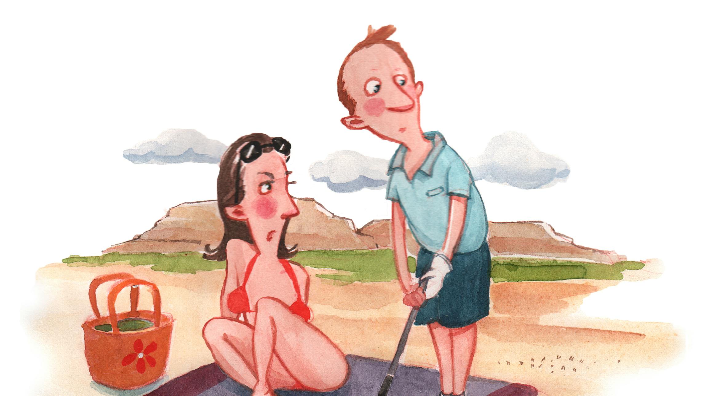 Mand spiller golf, mens konen soler sig