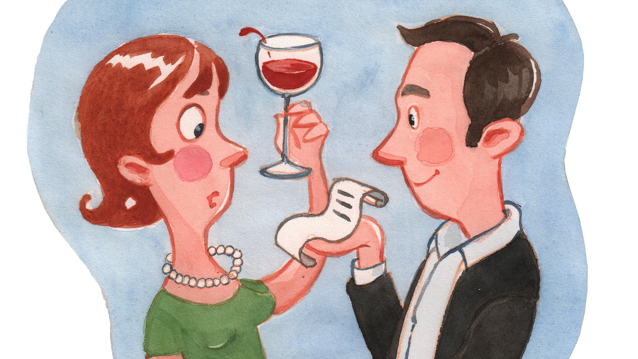 Illustration af mand og kvinder der skåler i rødvin