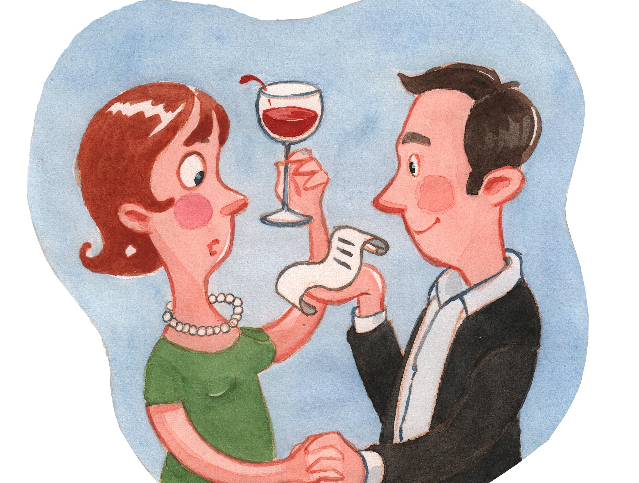 Illustration af mand og kvinder der skåler i rødvin