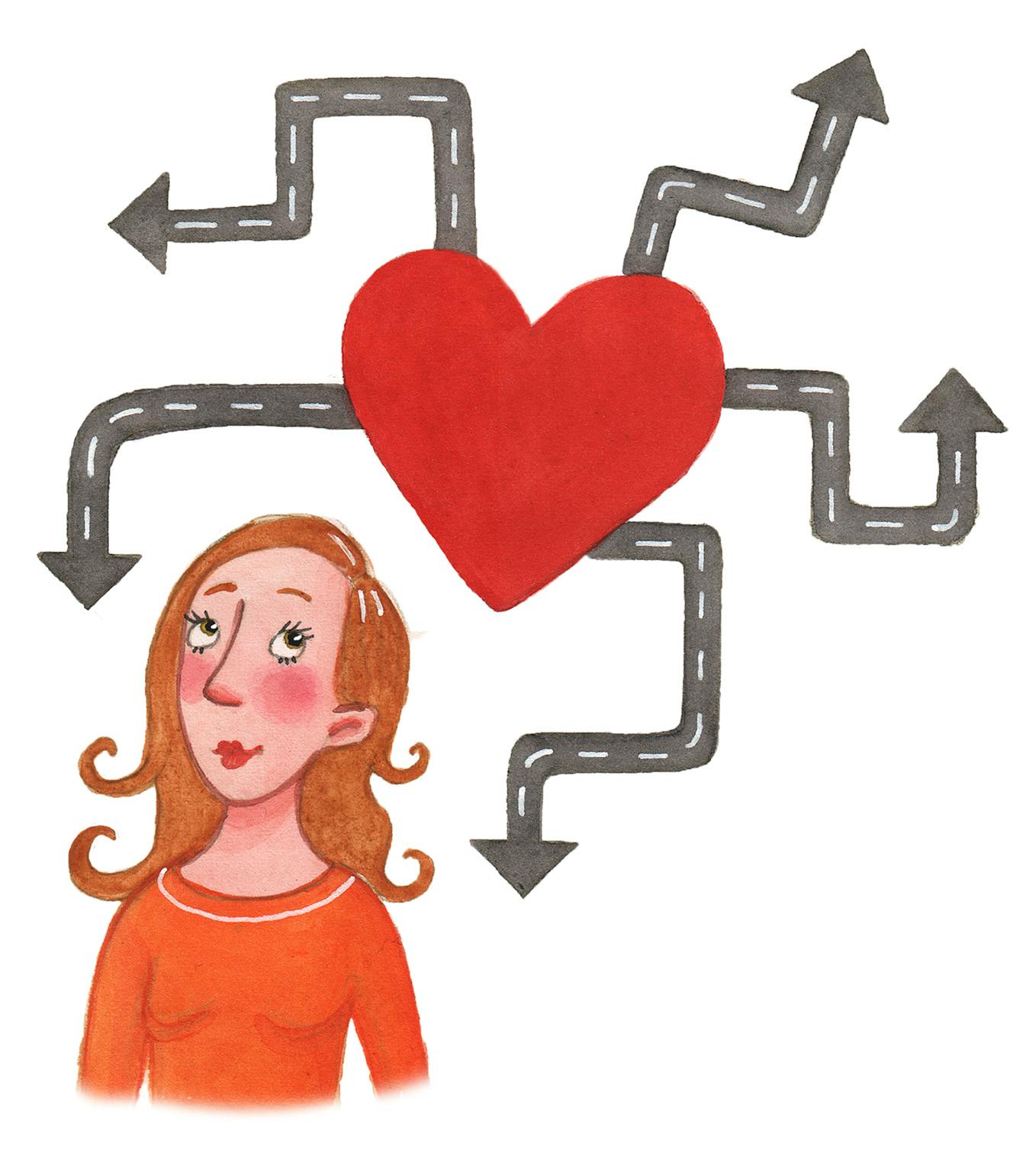 Kvinde med et hjerte i forskellige retninger