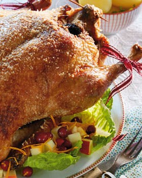 En hel and med salat og sovs og kartofler