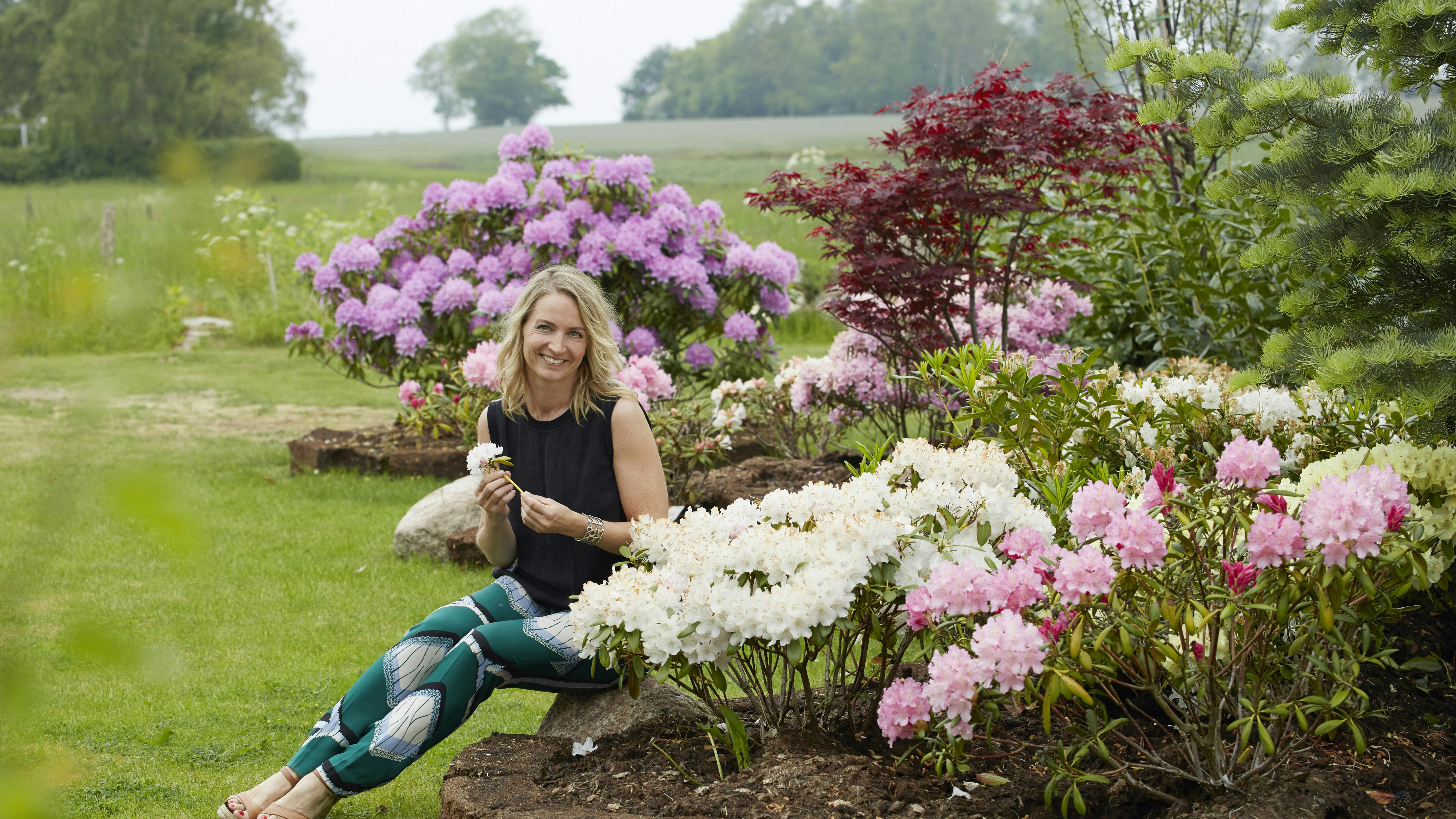 Annette Heick byder velkommen i sin have, siddende ved det store rododendronbed