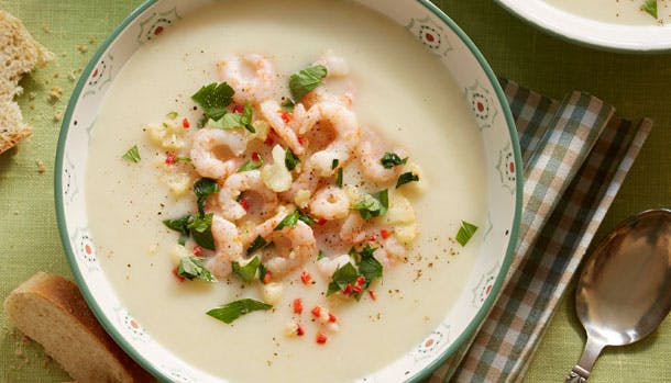 Blomkålssuppe med stegte rejer 