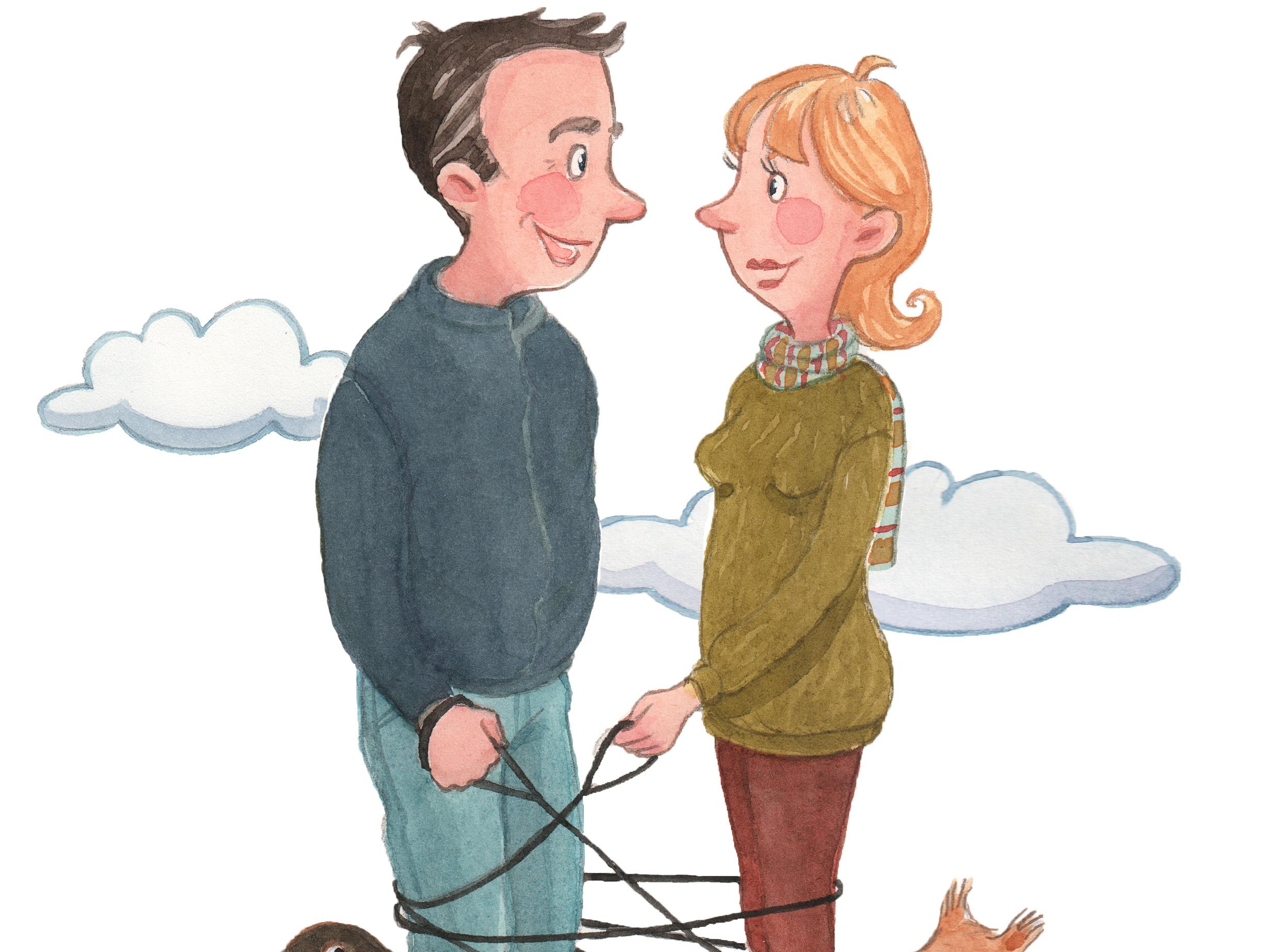 Illustration af mand og kvinde med hunde. Puk Elgaard