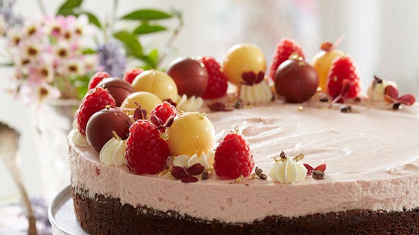 Saftig chokoladekage med hindbærmousse og guldstøv