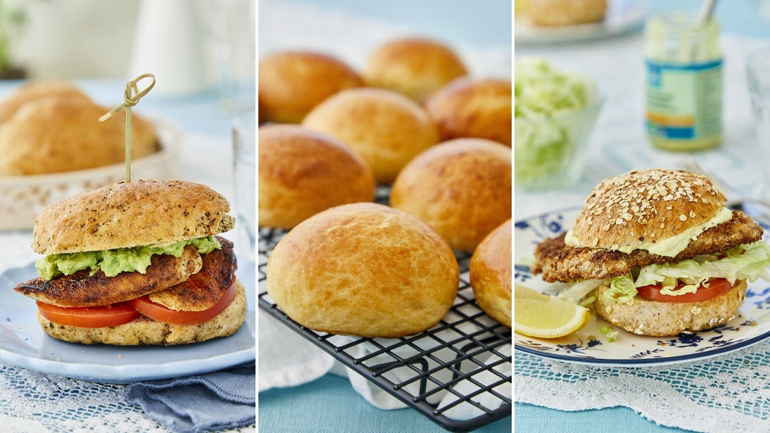 Skal du have burger til aftensmad? Her er tre opskrifter på hjemmebagte burgerboller. Velbekomme.