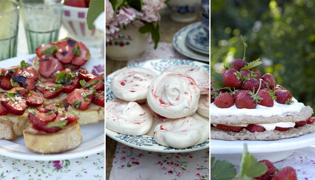 Friske jordbær emmer af dansk sommer og er i sæson nu. Her får du tre opskrifter med søde og friske jordbær, nemlig bruschetta, marengs og jordbærkage med makronbunde. 