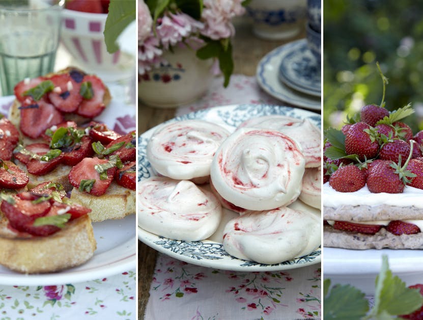 Friske jordbær emmer af dansk sommer og er i sæson nu. Her får du tre opskrifter med søde og friske jordbær, nemlig bruschetta, marengs og jordbærkage med makronbunde. 