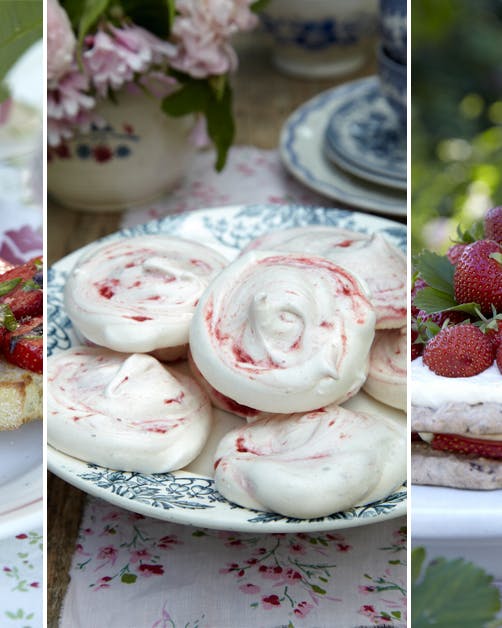 Friske jordbær emmer af dansk sommer og er i sæson nu. Her får du tre opskrifter med søde og friske jordbær, nemlig bruschetta, marengs og jordbærkage med makronbunde.