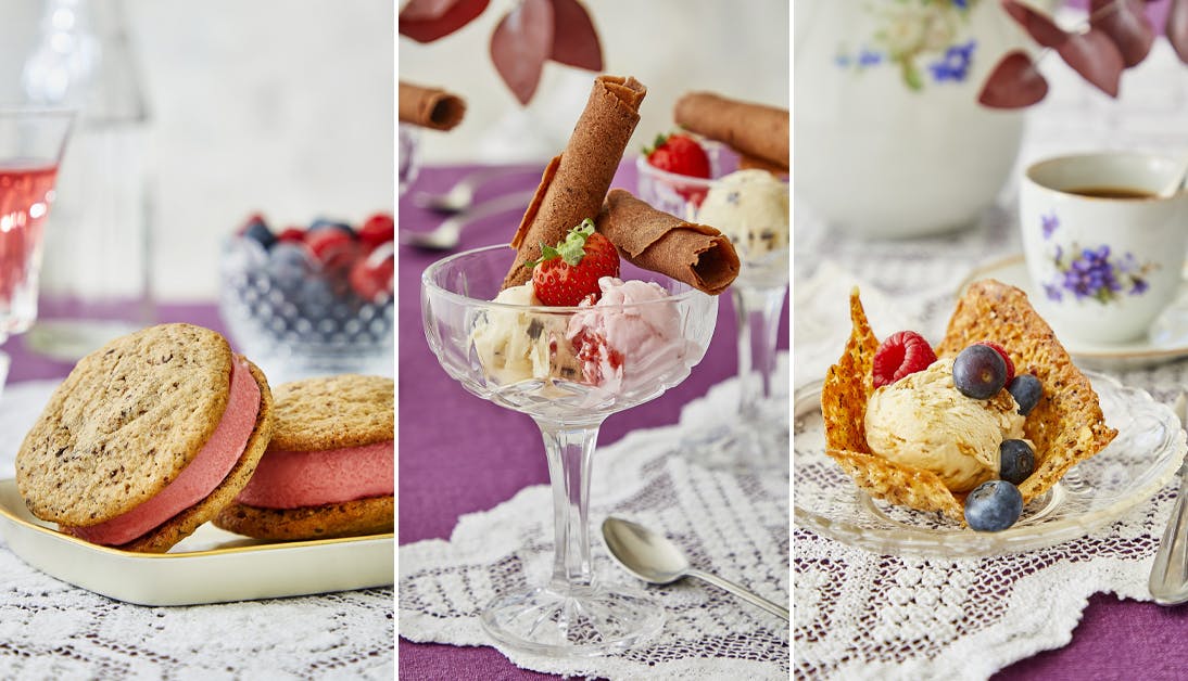 Sommer er lig med masser af is. Her får du opskrifterne på cookies, vaffelrør og nøddekurve, der passer perfekt til is. 