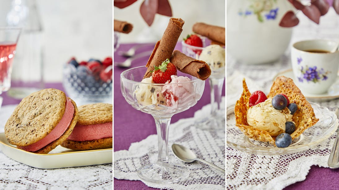 Sommer er lig med masser af is. Her får du opskrifterne på cookies, vaffelrør og nøddekurve, der passer perfekt til is.