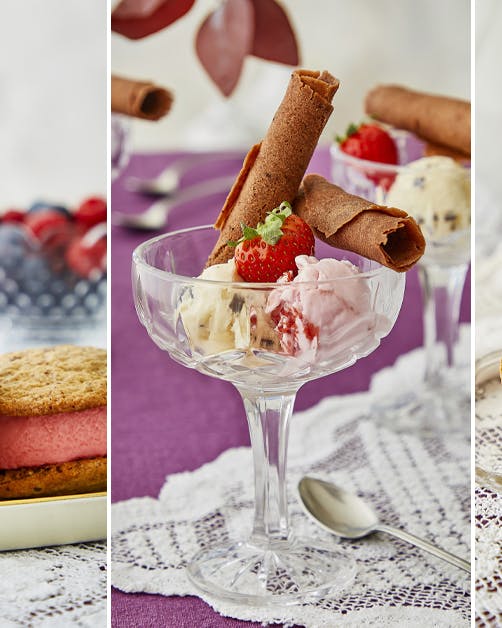 Sommer er lig med masser af is. Her får du opskrifterne på cookies, vaffelrør og nøddekurve, der passer perfekt til is.