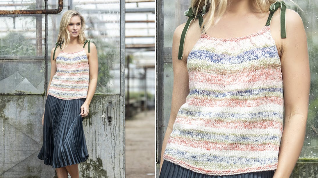 Den smukke top får farvespil fra det farveskiftende garn. Brug den med bare arne eller som vest, når det bliver koldere igen.