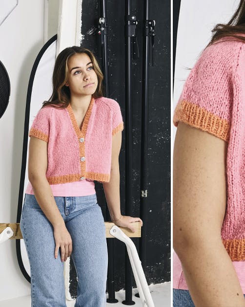 Strik: Kort cardigan med kontrastkant