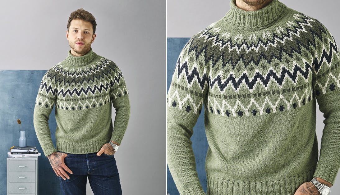 Strik: Nordisk sweater med rundt bærestykke til ham
