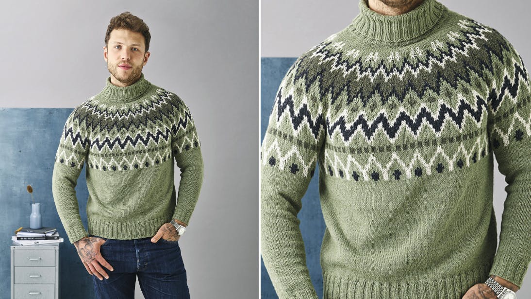 Strik: Nordisk sweater med rundt bærestykke til ham