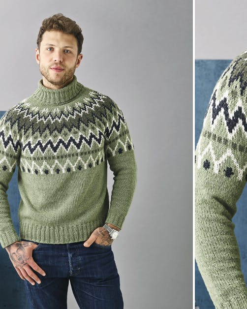 Strik: Nordisk sweater med rundt bærestykke til ham