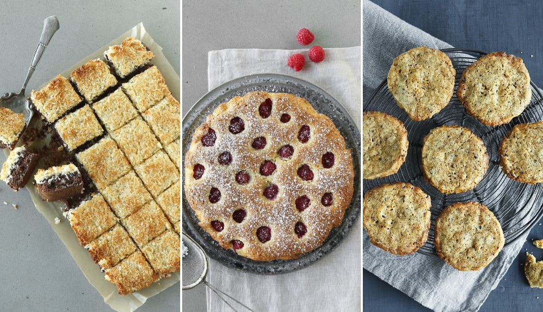 Venter du mange kagesultne gæster? Vælg selv, om du vil forkæle dem med en lækker brownie, sprøde småkager eller en mandelkage spækket med hindbær.