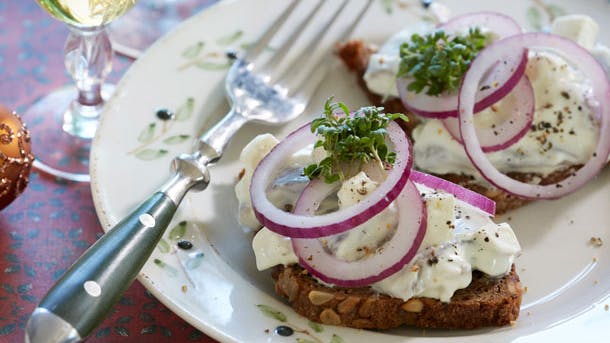 rugbrødsmad med sild og rødløg