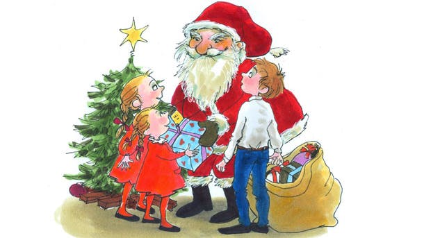 Tegning af julemand og små børn 